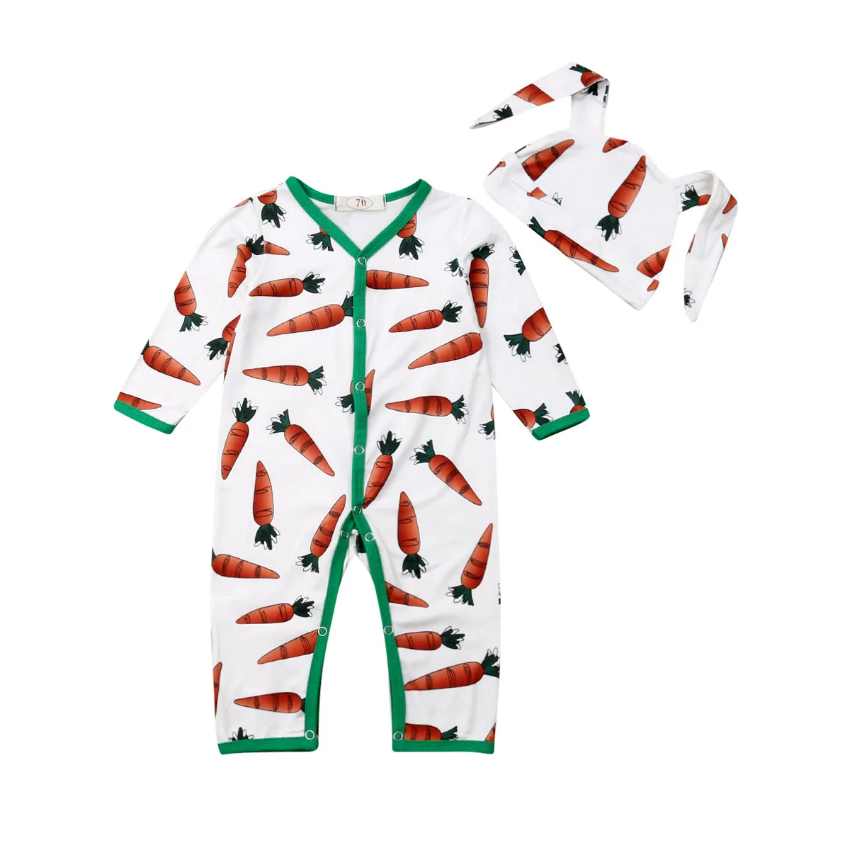 2019 New Autumn Cute Cartoon Carrot Romper + Caps Clothes Kids Baby Boys Girls Long Sleeve Jumpsuit Hat Warm Outfit | Мать и ребенок