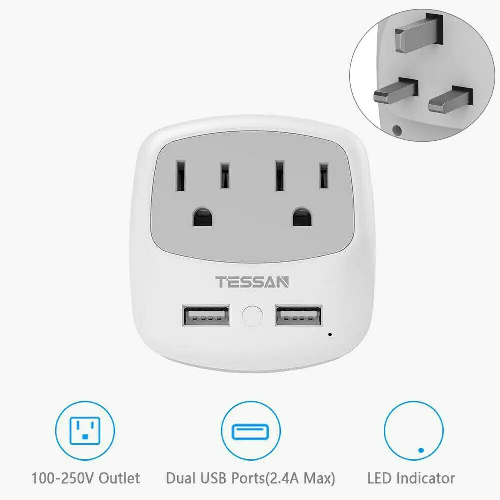 

TESSAN USA to UK Ireland England Hong Kong Travel Plug Adapter With 2 USB Ports 2 American Outlets Wall Socket Adapter - Type G
