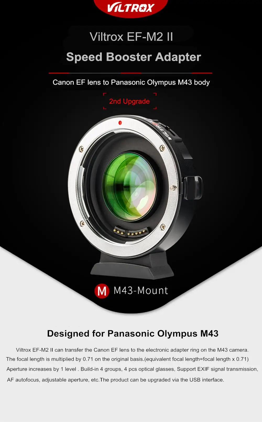 Viltrox EF-M2II усилитель скорости адаптер фокусный редуктор Автофокус 0.71x для Canon EF Крепление объектива к Panasonic Olympus M43 камера
