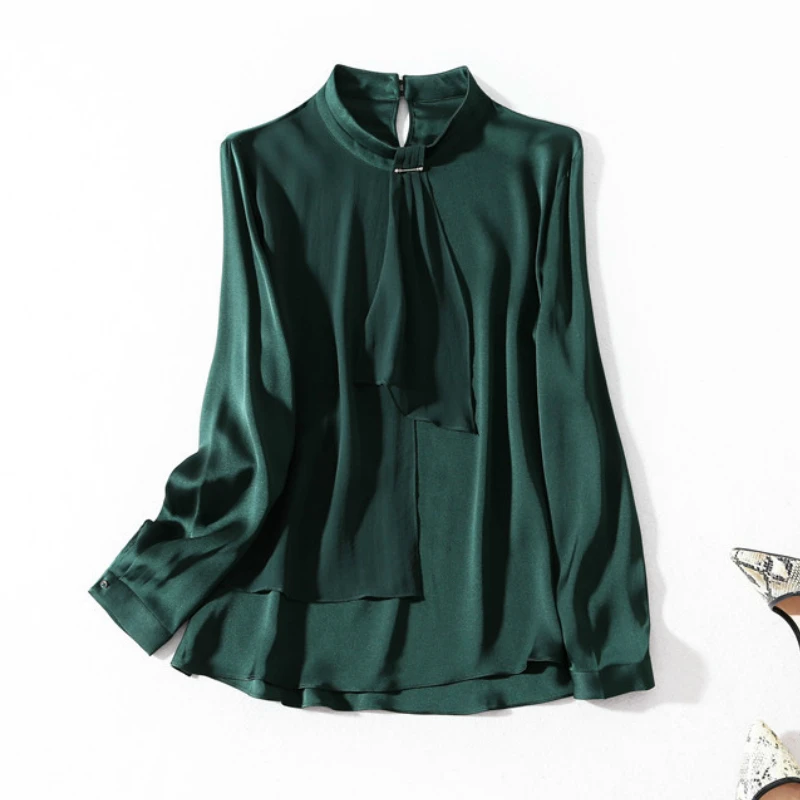 Real Silk Blouse Women Tops Green Blouses Long Sleeve Shirts Fashion Clothing Spring Streetwear Blusas LWL1617