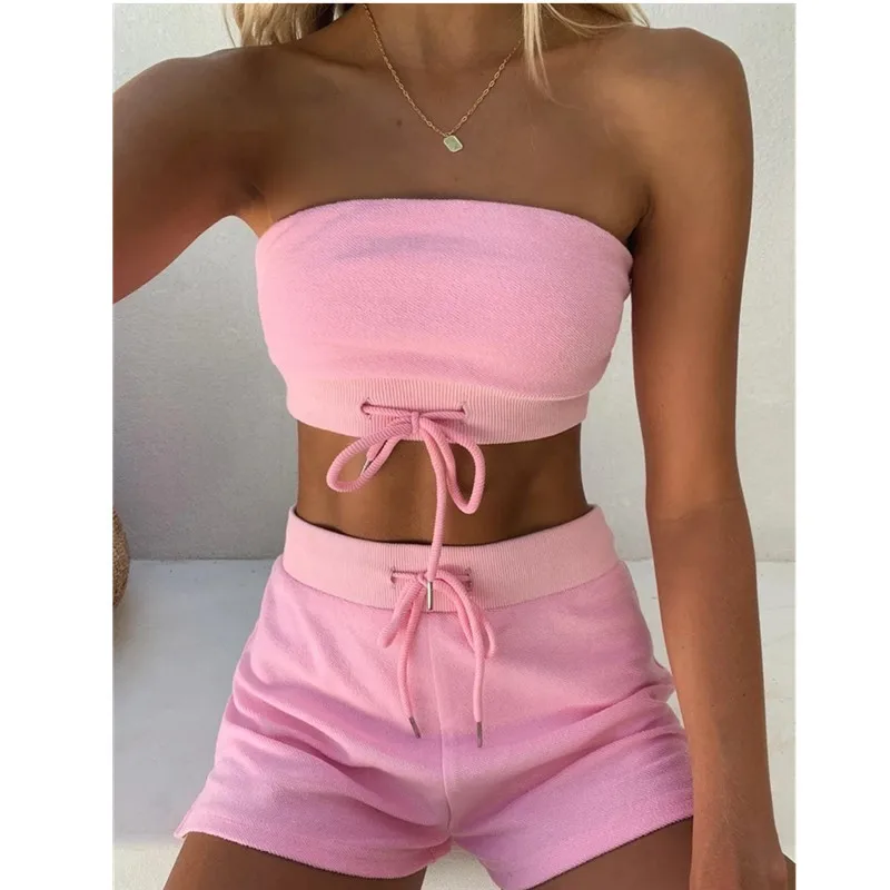 

Sexy Women 2Pcs Clothes Set Female Wrap Chest Bandeau Sleeveless Drawstrings Crop Top Fitness Shorts Running Sports Clothes Suit