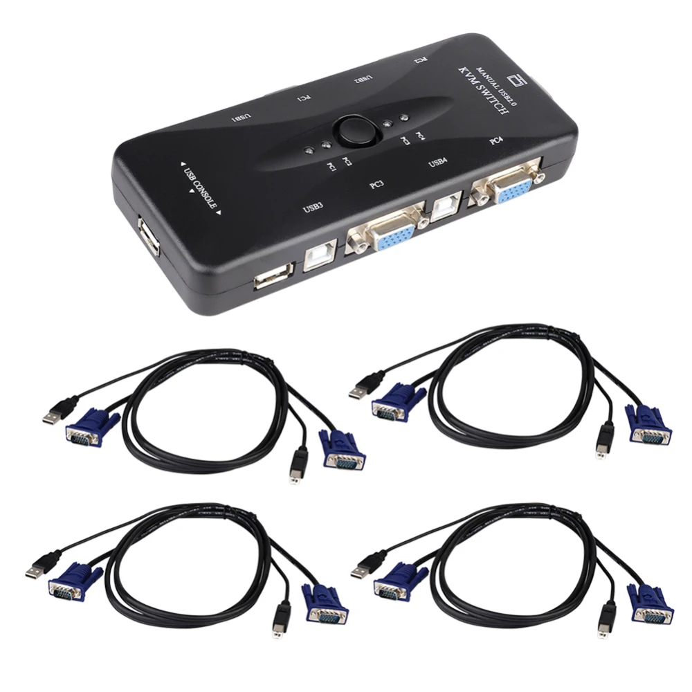 4 порта USB 2 0 KVM переключатель коробка + Кабели клавиатура Монитор VGA SVGA ПК ноутбук