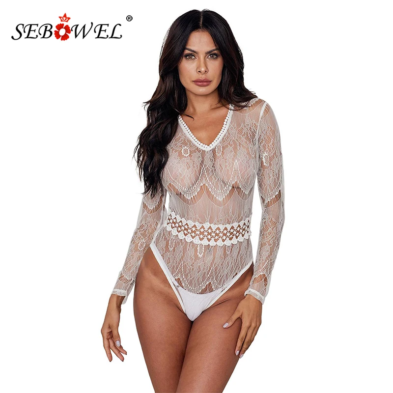 Женское кружевное боди с V образным вырезом и длинным рукавом| |