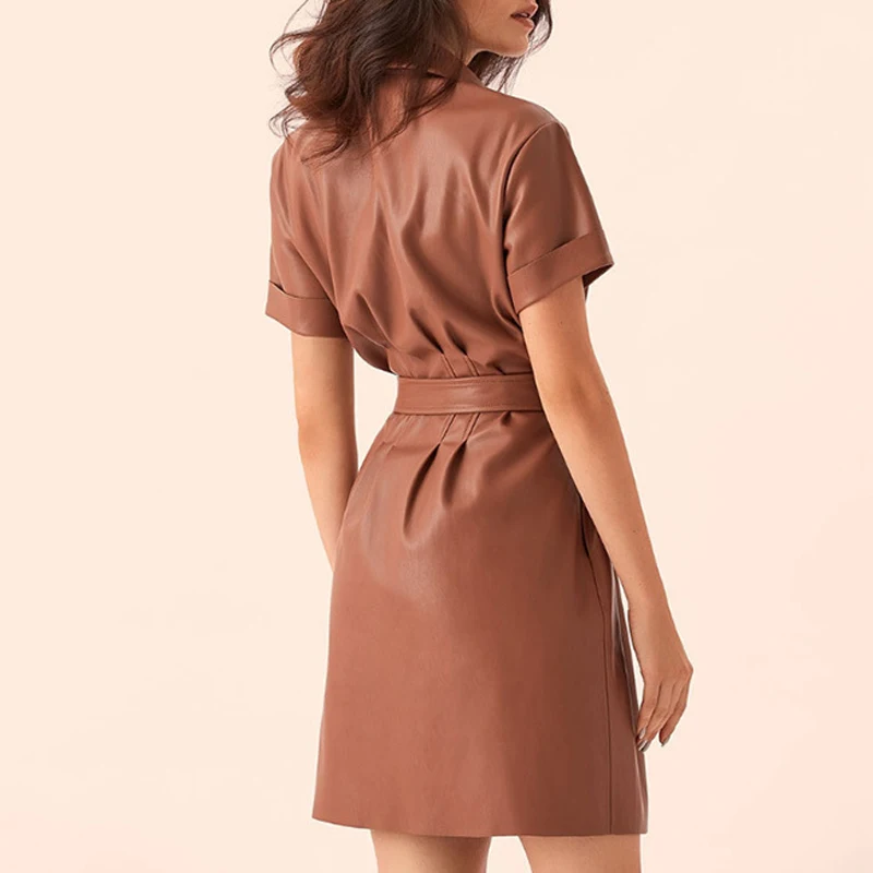 

Elegant Women PU Leather High Waist Dress Ladies Turn Down Collar Spring Autumn Dress Female Short Sleeve Dress for OL
