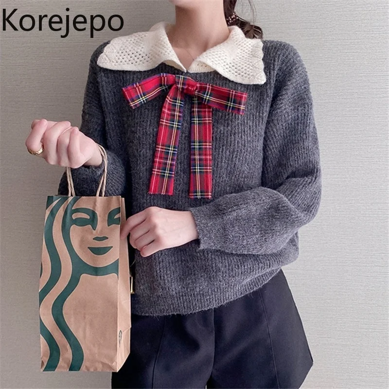 

Korejepo Women Knitted Sweater 2021 Autumn Winter New Japanese Style Sweet Retro Doll Collar Bowknot Pullover Soft Milk Cute Top