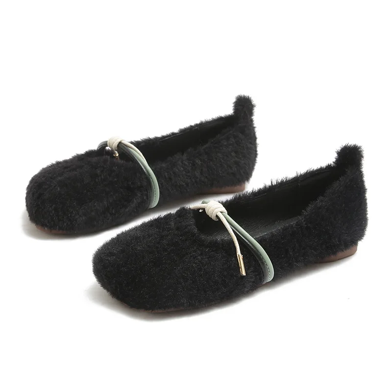 

2020 Brand Flats Shoes Women Square Toe Slip on Fur Loafers Narrow Band Shallow Shoes Casual Furry Slides Big Size Zapatos Mujer