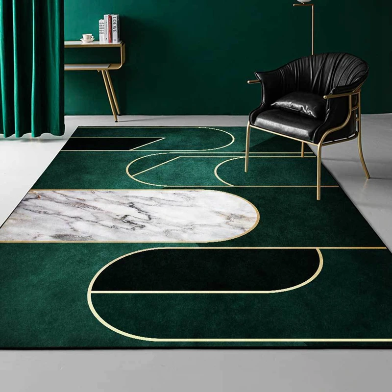 Luxury Deep Emerald Green Carpets Geometric Gold Lines White Marble Mosaic Area Rugs Livingroom Bedroom Sofa Non-Slip Floor Mat
