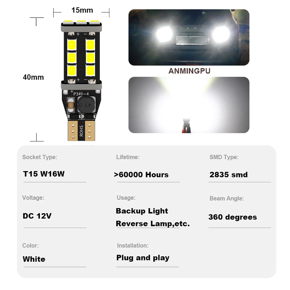 

ANMINGPU 2x Signal Lamp T15 W16W Led 15SMD 2835 Chips T15 Canbus Backup Light Car Reverse Light Parking Lamp 6000K White 12V