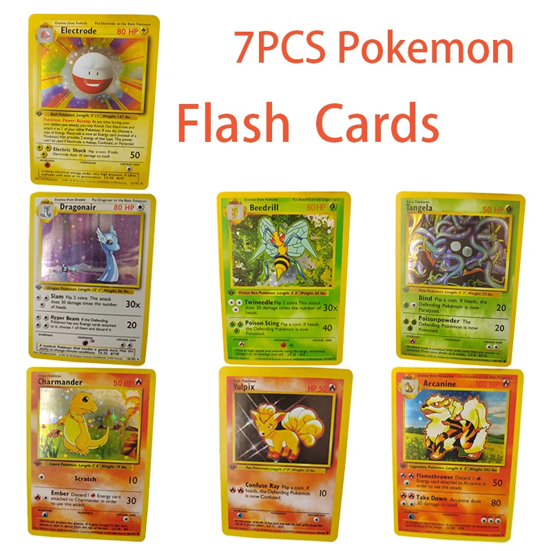 

7Pcs Pokemon Flash Cards 1996 First Edition Charmander Vulpix Beedrill Tangela Arcanine Dragonair Holographic Pokemon Game Cards