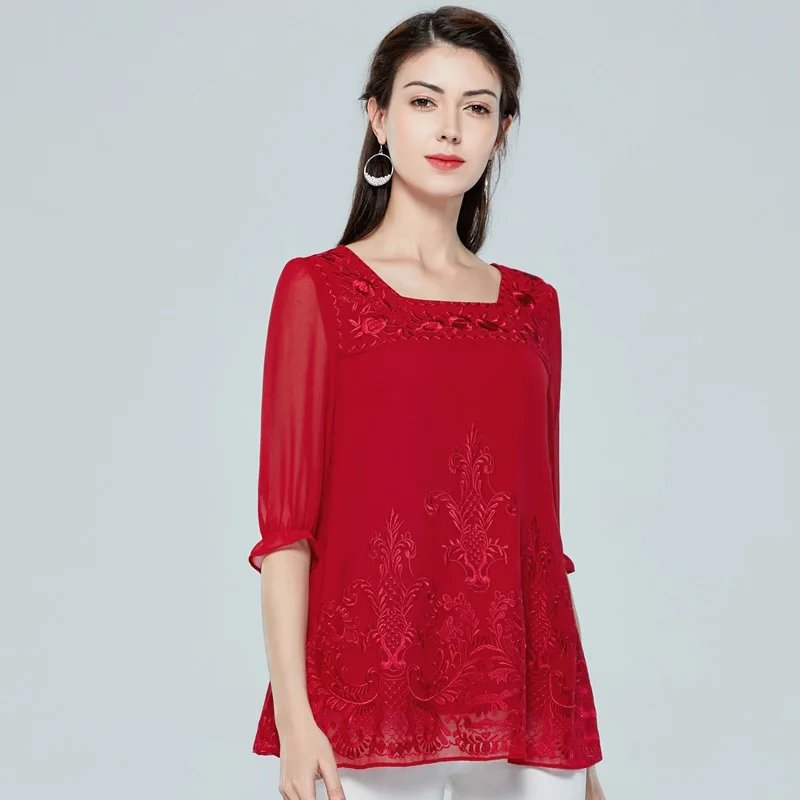 

Plus Size 2020 Summer Fashion Red Tops Women Sexy Square Collar Exquisite Embroidery Half Sleeve Elegant Blouses 50s 60s