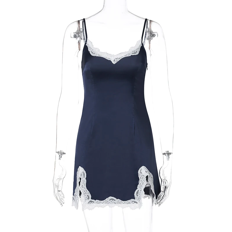 

Female Slip Dress, Deep V-Neck Sleeveless Spaghetti Strap Sundress with Lace Hem for Summer, S/M/L
