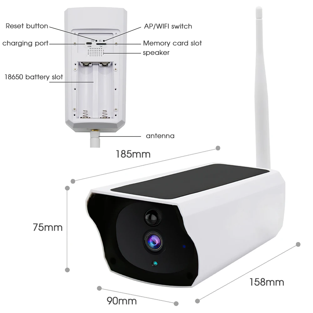 solar security camera 1080p wireless wifi solar panel rechargeable battery bullet pir motion alarm video surveillance camera free global shipping