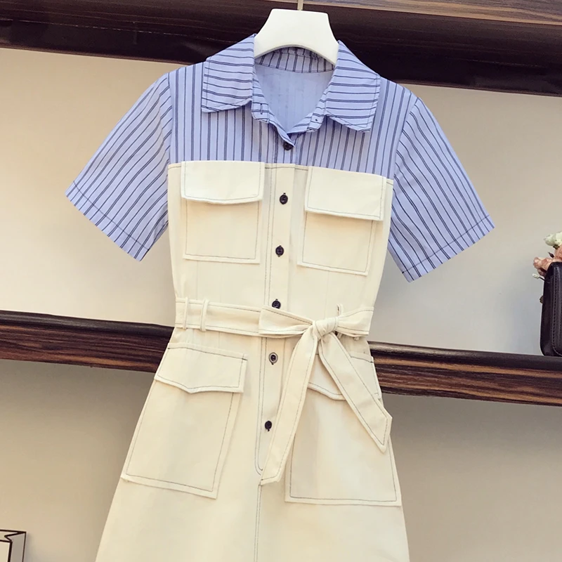 

plus size women striped patchwork dress summer new 2020 short sleeve turn down collar elegant vestido A line mini dresses