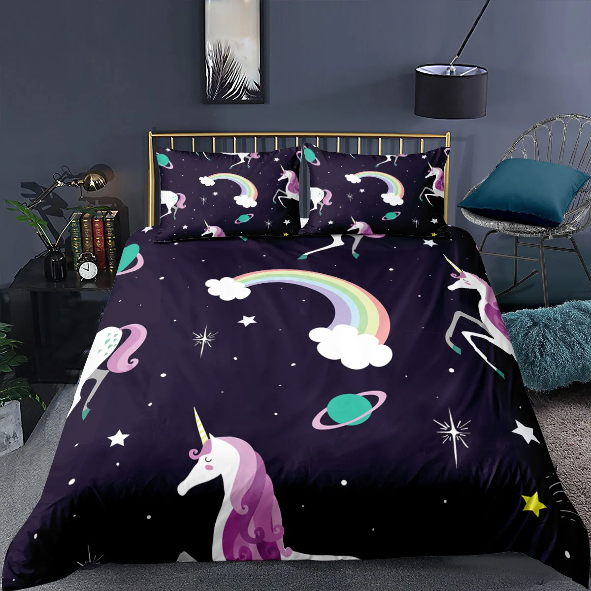 Комплект постельного белья черного цвета пододеяльник с принтом в виде