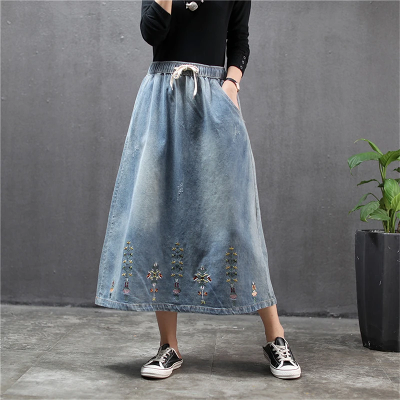 Юбка-трапеция Женская Джинсовая длинная свободная винтажная рваная Юбка Макси