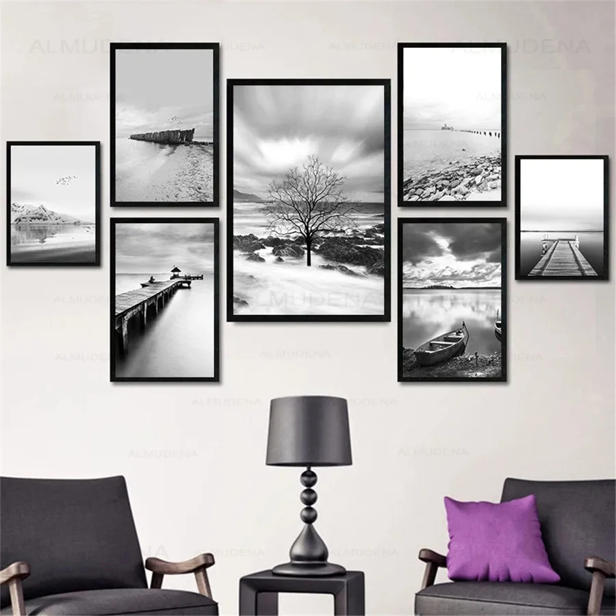 

Black White Minimalist Landscape Art Painting Canvas Prints Bridge Boat Posters Wall For Living Room Modern Home Decoration