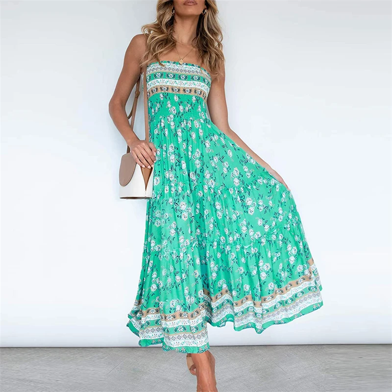 

Summer Green Long Women's Floral Printed Dress Splicing Pleated Bohemian Strapless Robe Sexy Backless Beach Party Maxi Dresses