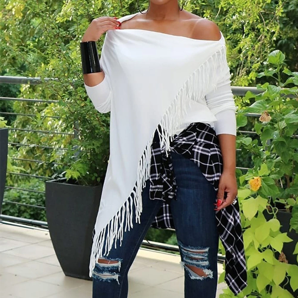 

Женская Асимметричная Толстовка Tmustobe с кисточками, осенняя уличная одежда с косыми плечами, модная одежда для ночного клуба, сексуальный По...