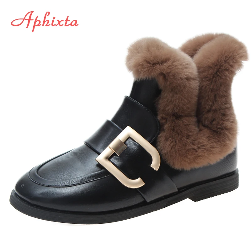 Aphixta; Новинка года; женские ботинки с пряжкой; женская кожаная обувь на меху; теплая плюшевая зимняя новая женская обувь; модные зимние ботинки