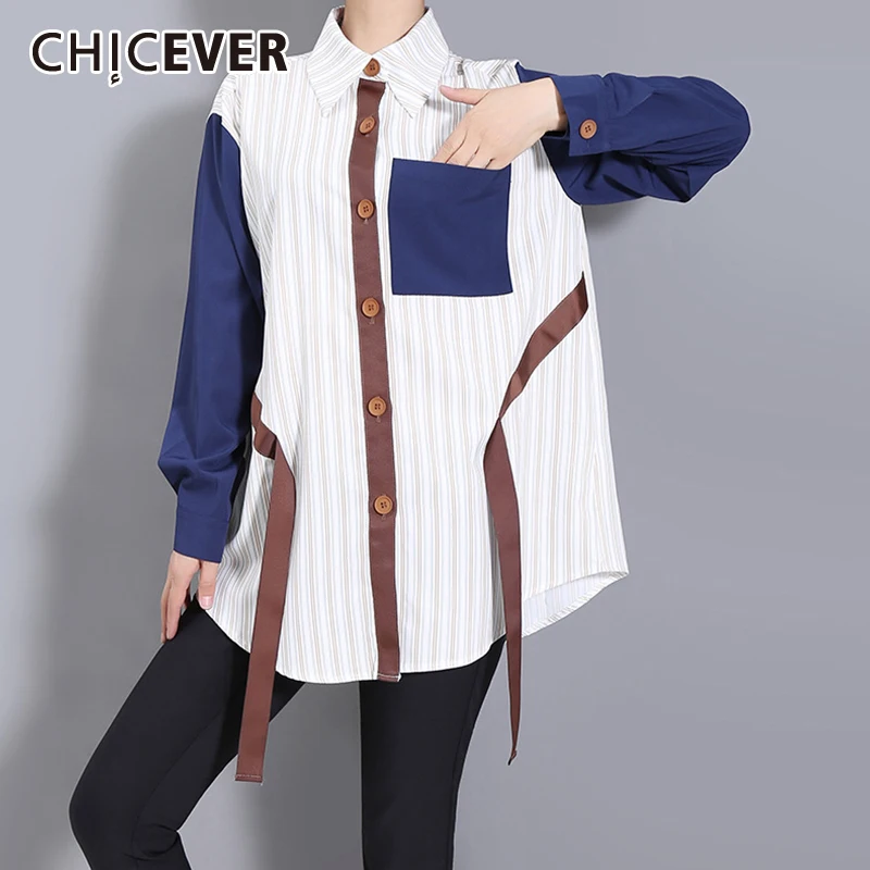 

CHICEVER полосатая Лоскутная цветная блузка с пуговицами и воротником с отворотом, свободная повседневная женская рубашка с длинным рукавом, н...
