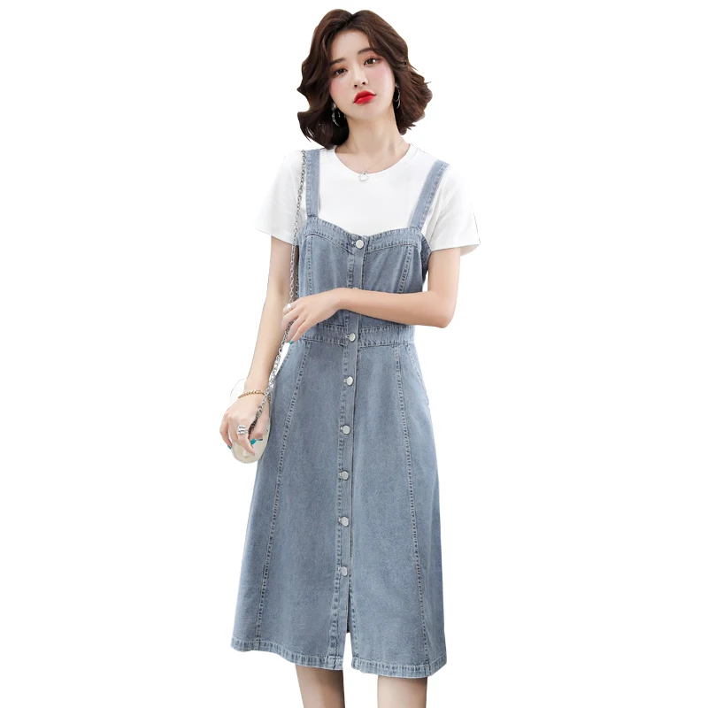 

Vintage Denim Dress Women Femme Summer Fashion Sleeveless Strap Single Breasted Jeans Dresses Ladies Casual Vestidos G1211