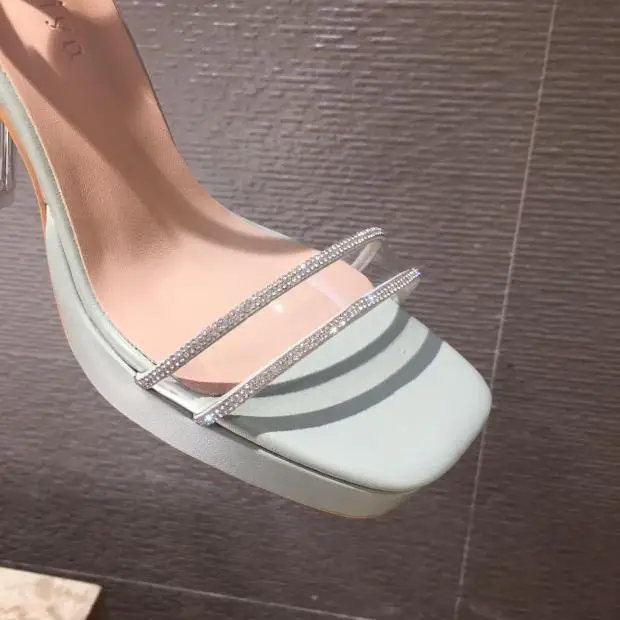 

Crystal Heel 11cm High Heel Shoes 2021 Summer Platform Show Transparent Block Heel Transparent Sandals For Women