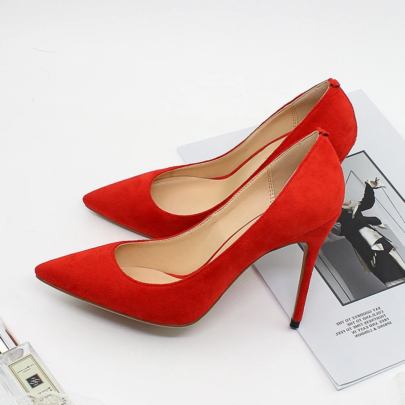 Elegant Cow Suede Leather Women Pumps High Heels Red Wedding Shoes Pointed Toe Sexy Party Big Size C030A | Обувь