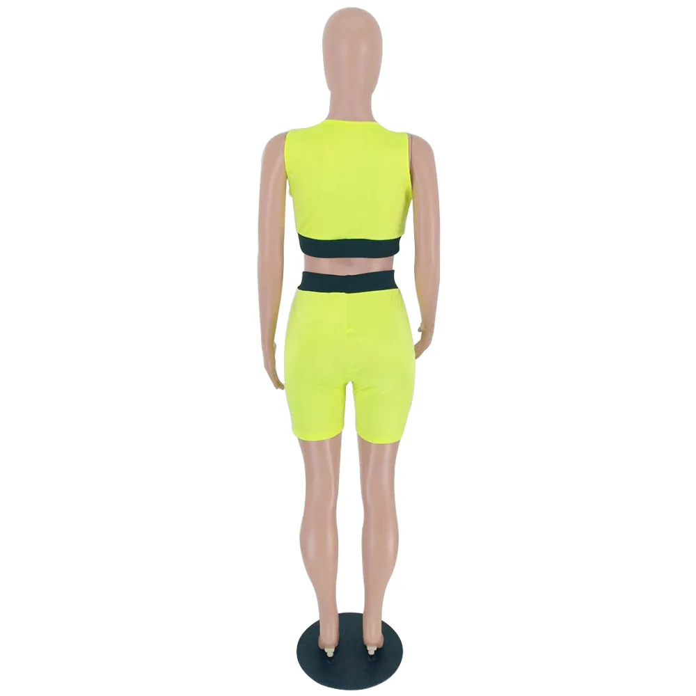 

Women Tracksuit Neon Yellow Sexy Two Piece Set Summer Outfits Tank Sleeveless Crop Tops and Biker Shorts Causal Two Piece Set