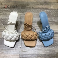 brand design woven sandals women 9cm high thin heel sandalias square toe summer beach sandals femme 2021 women shoes white blue
