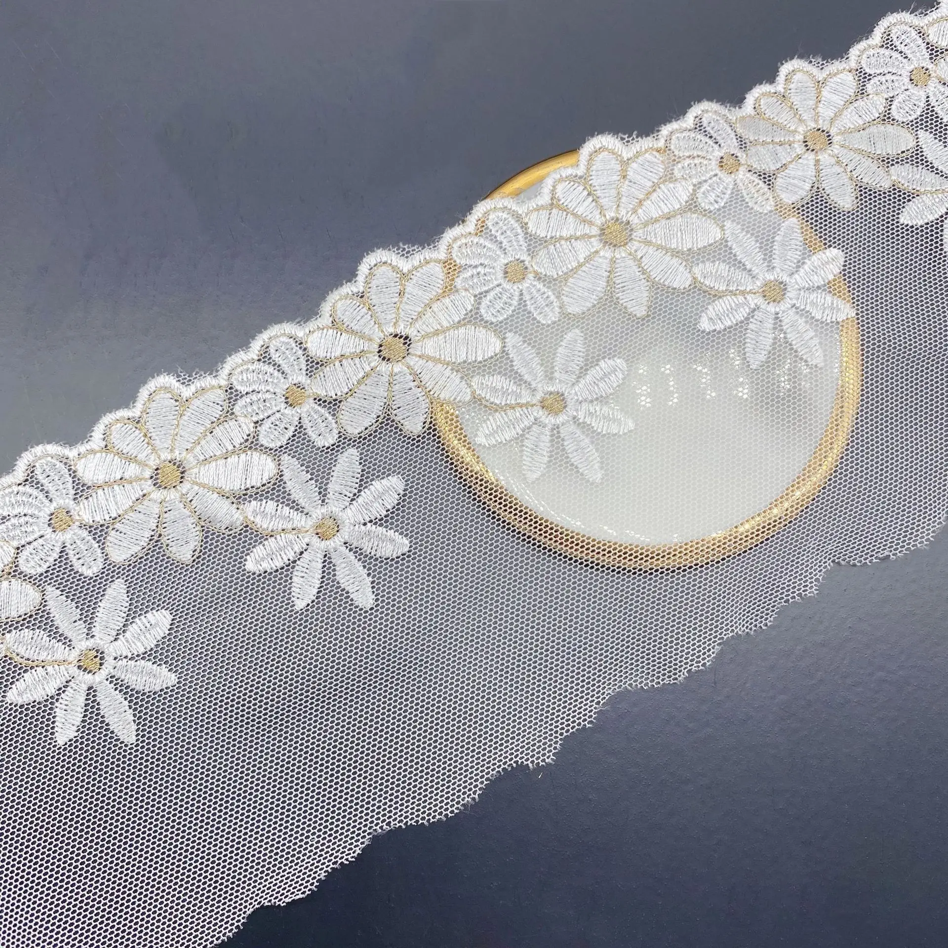 10 3 см Ширина ярда/лот сетчатая Вышивка Два цвета золотой цветок кружевная ткань