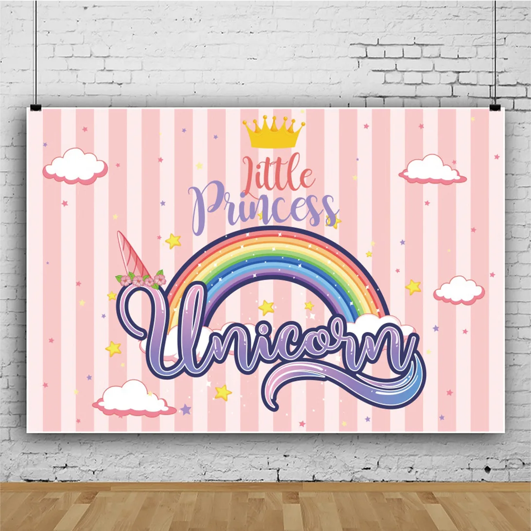 

Фон для студийной фотосъемки с изображением радуги единорога облаков мультфильмов торта маленьких девочек