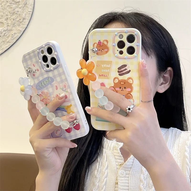 

Cute Bear Rabbit Flower Chain Phone Case For iphone 12 11 Pro Max 7 8 plus X XR XS Max SE 2020 Back Cover Silicone Cartoon Cases