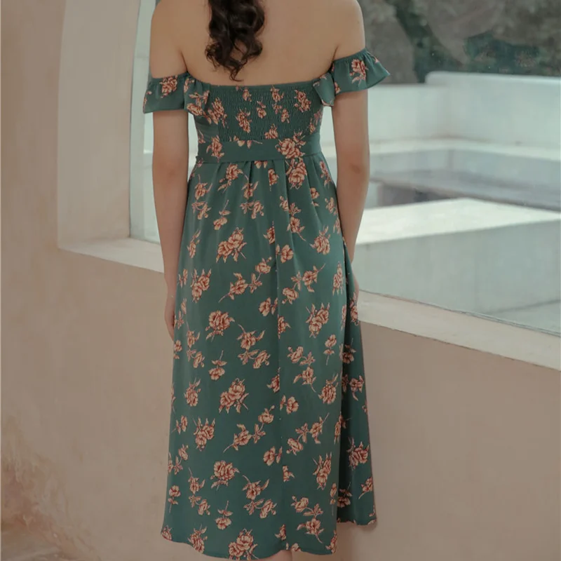 

Vintage Retro Elegant Slash Neck Print A Line Slim Waist Summer Dress Sexy Shoulder Strapless Vestidos Sweet Vestido De Mujer
