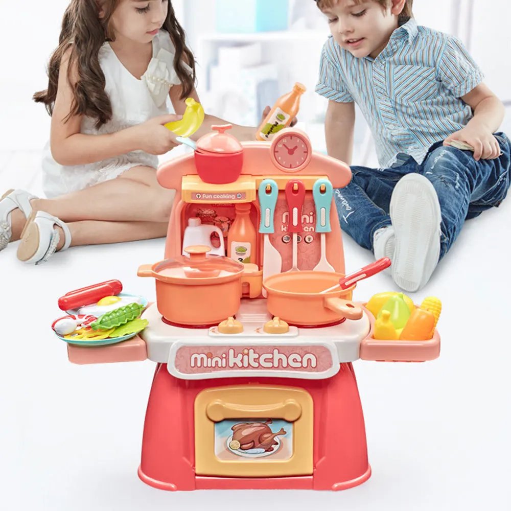 

26pcs Kids Artificial kitchen Play House Toys Cutlery Set Baby girl Kitchen Cooking Simulation Pretend Light and Sound Play toy