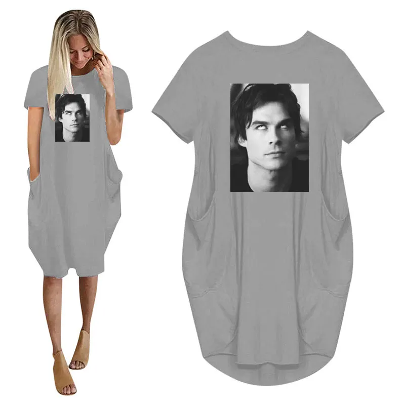 Женское платье-футболка с принтом дневников вампира в стиле каваи 90-х карманами и