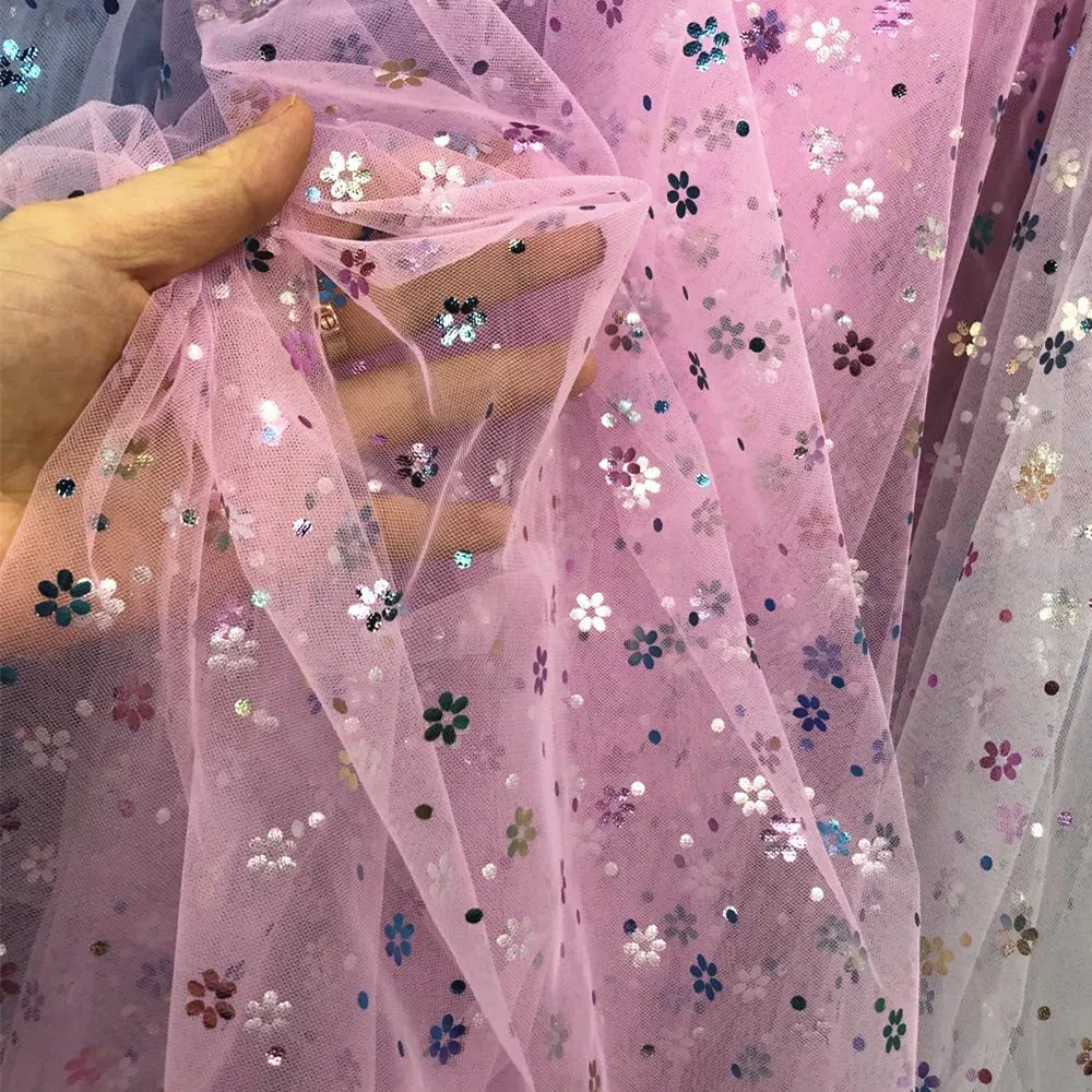 Яркая блестящая прозрачная нейлоновая сетчатая Тюль с цветами сливы марлевая