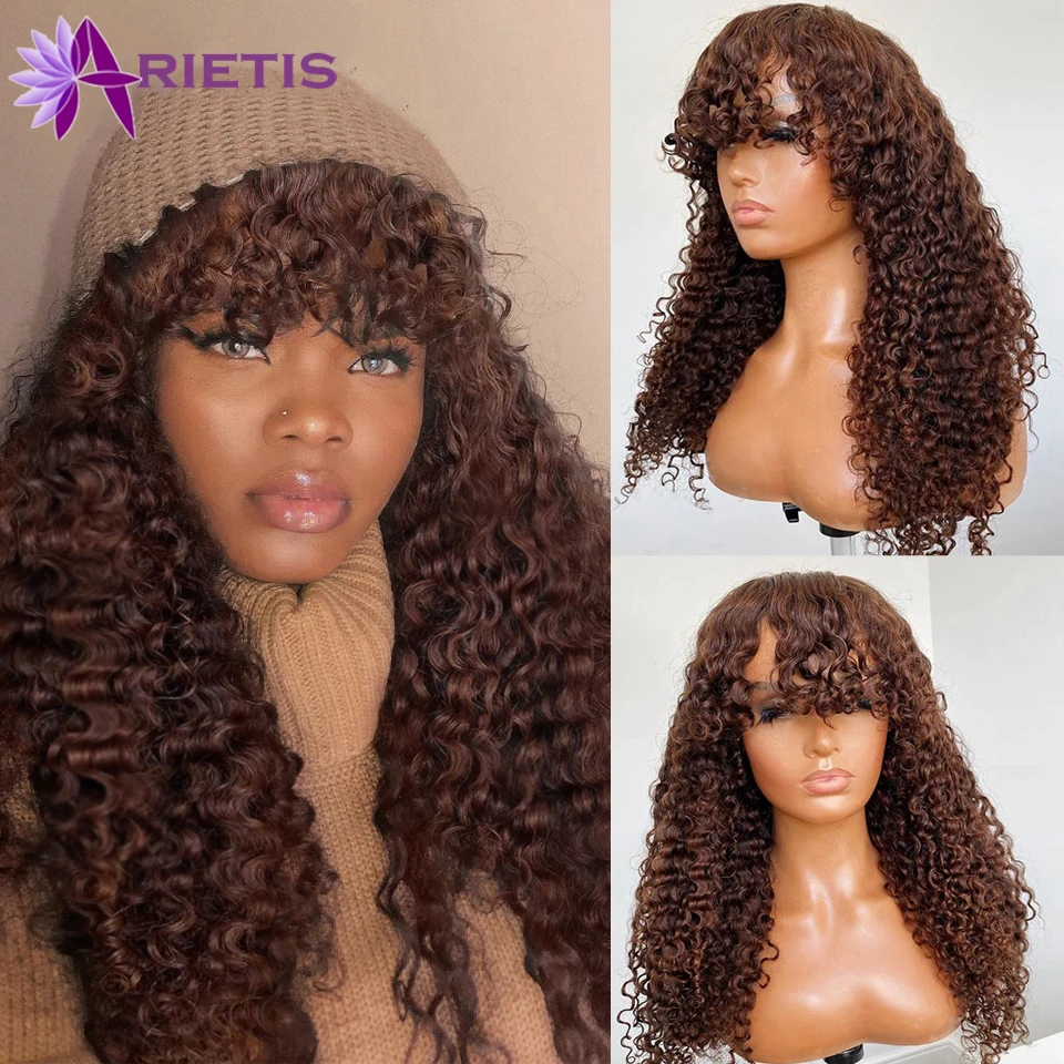 

250% Density Curly Human Hair Wigs With Bangs #4 T1B/30 Ombre Glueless None Lace Wig Peruvian Remy Hair Full Machine Made Wig
