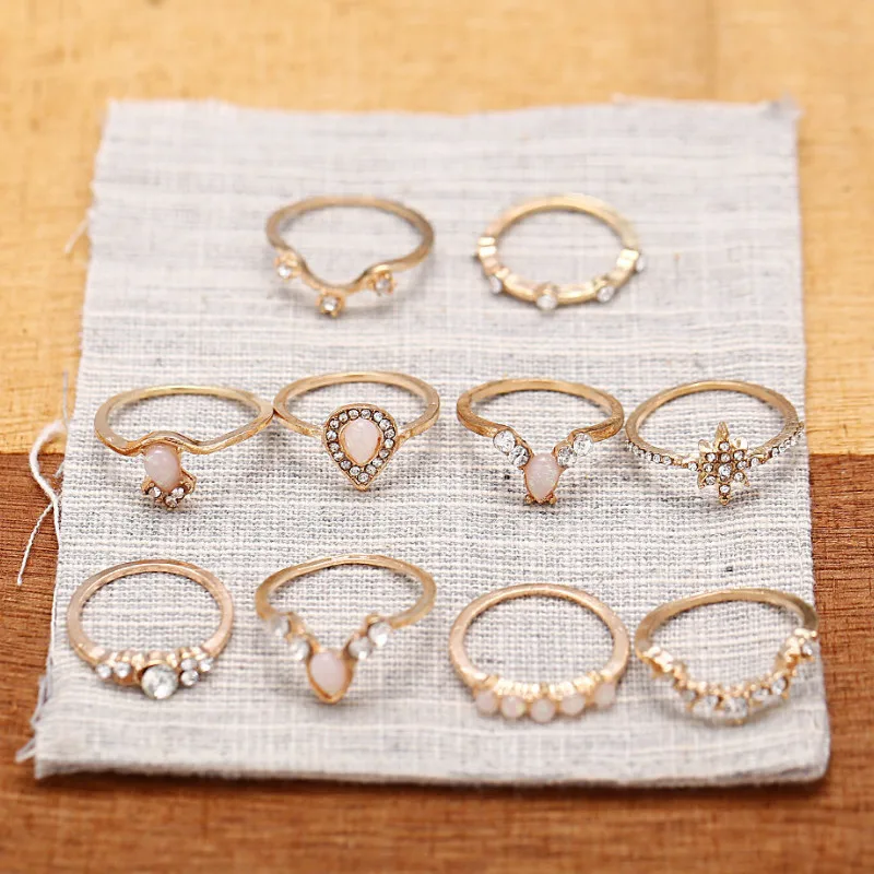 

2021 New Korea Vintage 10 Pcs/Set Water Drop Gemstone Star Joint Ring Set for Women Girls Trendy Jewelry Gift