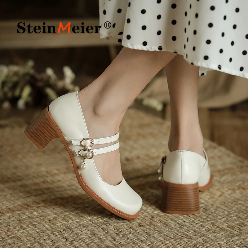 

Steinmeier Lolita Shoes Women Calfskin Leather Mary Janes Round Toe Double Buckle Straps Ladies Uniform Shoes Thick Sole