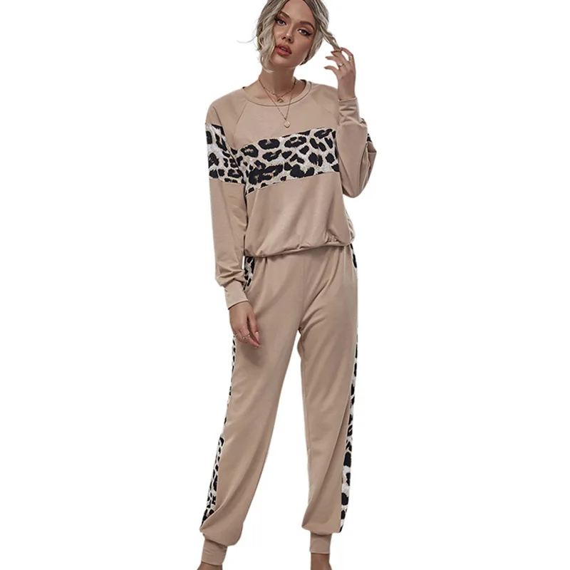 

2020 women's autumn Leopard Print Long Sleeve round neck Pullover set