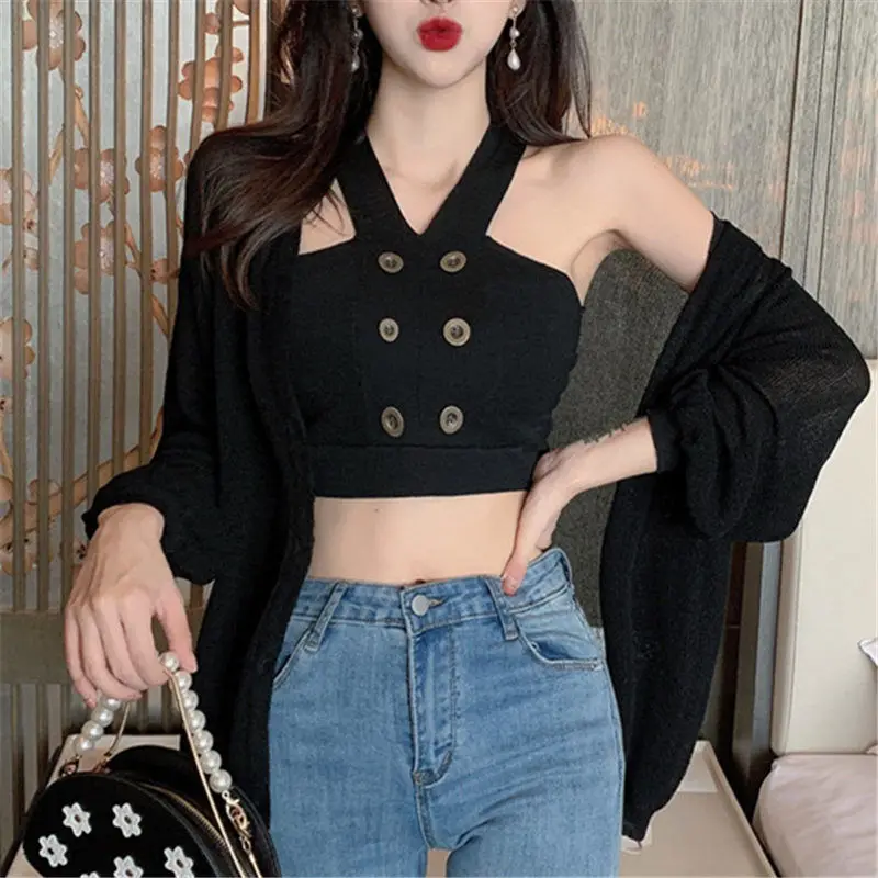 

Женский корсет, топы, летние вязаные топы без рукавов с высокой талией, короткий топ на бретелях-спагетти для женщин, майка, укороченный Топ ...