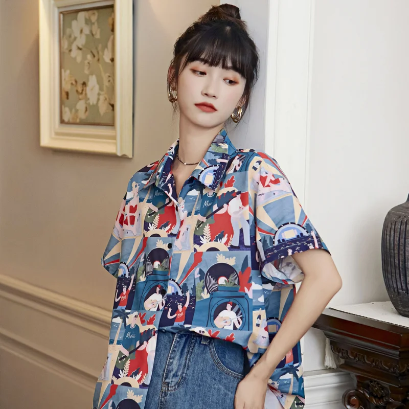

Korejepo Women Blouse 2021 Summer New Retro Korean Style Printing Turn-down Collar Short Sleeve Shirts Female Temperament Tops