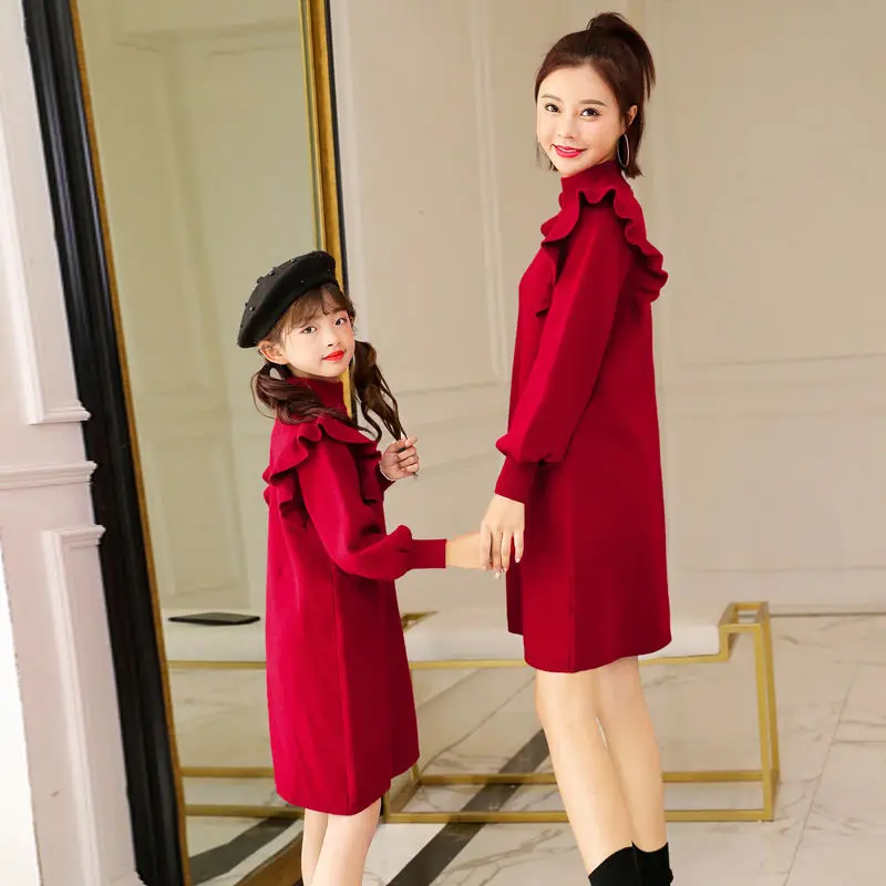 

Parent-child wear, mother and women's clothing western style autumn and winter new year red sweater dress high-end