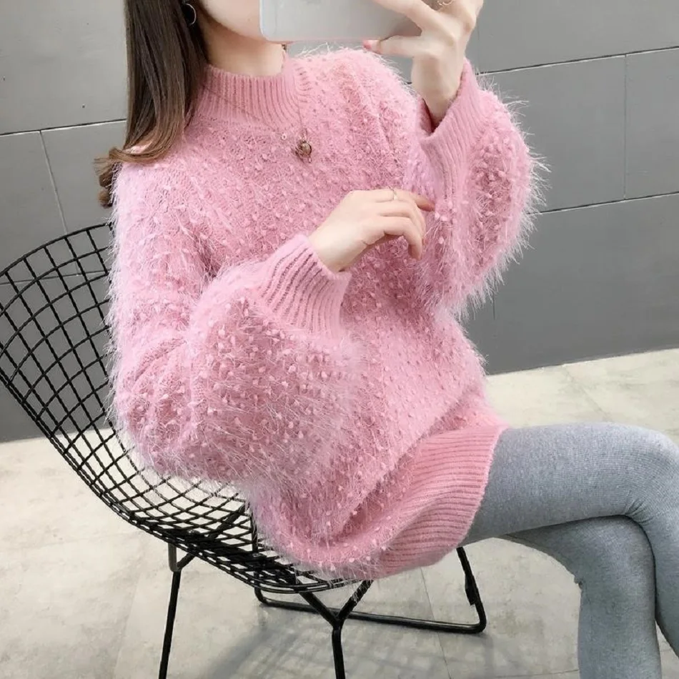 

Fashion Mink Velvet Women's Sweaters 2020 New Autumn And Winter Woman Sweaters Half High Collar Lantern Sleeve Knitted Sweater