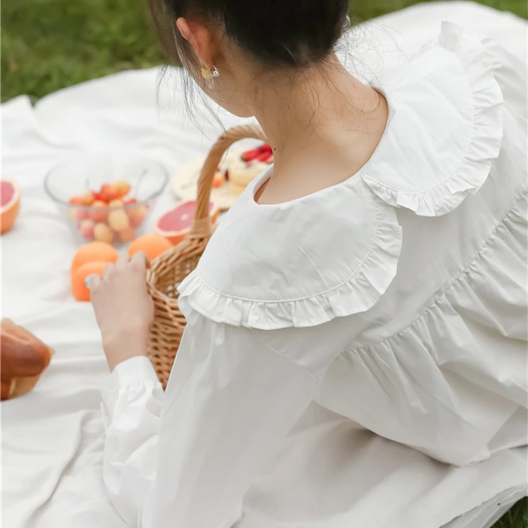 

Womens Tops And Blouses Mori Girl Style Lace Peter Pan Collar Long Sleeve Shirt Femme Pure White Blue Plaid Top 2031887