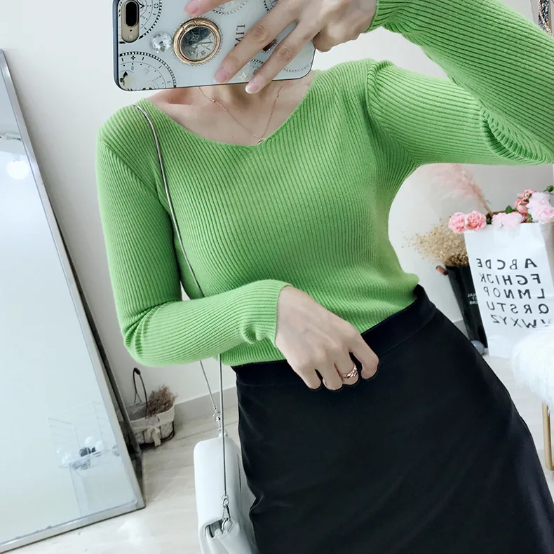 Женский Повседневный трикотажный базовый свитер в рубчик с V-образным вырезом и