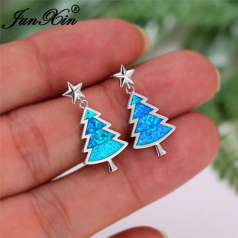 Christmas Tree Stud Earrings For Women Men White Gold Rose Color Blue Fire Opal Wedding Cute Star Earring Jewelry | Украшения и