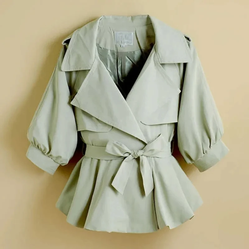 

Женская короткая ветровка с рукавом три четверти тонкое пальто Тренч с завязкой на талии Новинка весна-осень 2022 одежда