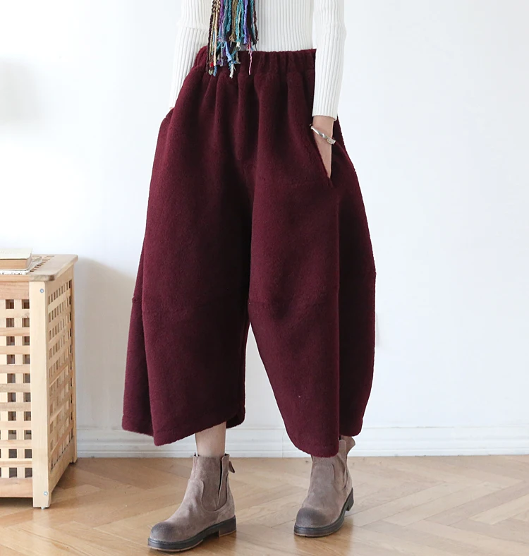 Autumn Winter Harem Warm Furry Cozy Wide Leg Trousers Women Elastic Causal Streetwear Solid Faux Wool Sweatpants Fleece Pantalon