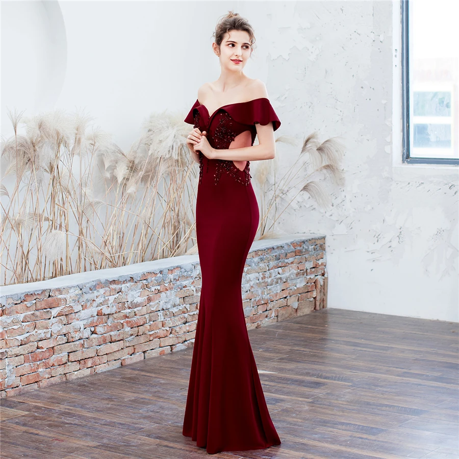 Burgundy Mermaid Evening Dresses It's Yiiya DX265 Boat Neck Plus Size Robe De Soiree Elegant Ruflles Off Shoulder Gown | Свадьбы и